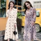 Dotted Collared Long-sleeve A-line Midi Dress