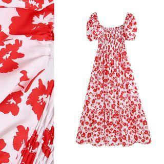 Floral Print Puff Short Sleeve Maxi Dress