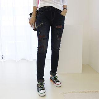 Drawstring-waist Embroidered Straight-cut Jeans