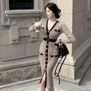 V-neck Striped Button-up Skinny Dress