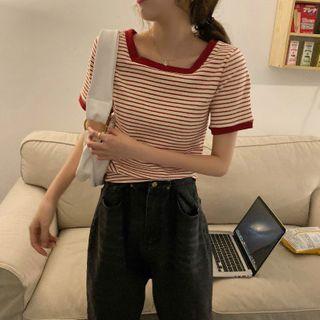 Short-sleeve Square-neck Striped T-shirt