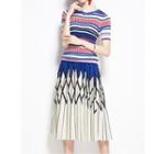 Set: Color Block Short-sleeve Knit Top + Printed Midi A-line Skirt