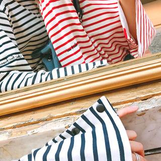 Buttoned Wide-sleeve Stripe T-shirt