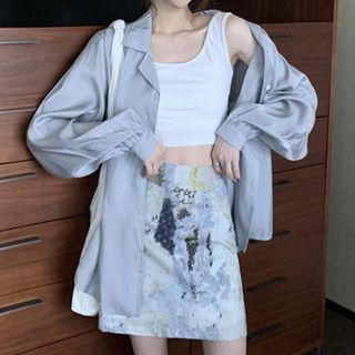 Puff-sleeve Plain Shirt / Printed Mini A-line Skirt