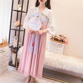 3/4-sleeve Color-block Midi A-line Dress