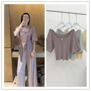 Elbow-sleeve Square-neck Knit T-shirt