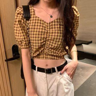 Gingham Short-sleeve Shirred Cropped Blouse