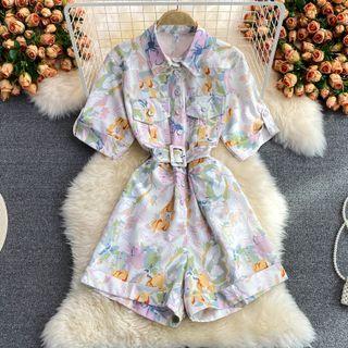 Elbow-sleeve Print Cargo Romper