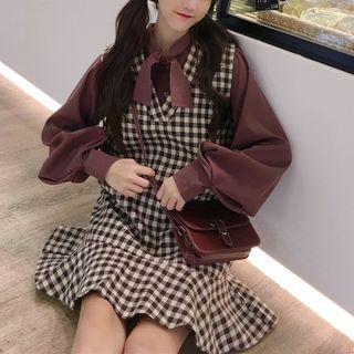 Long-sleeve Shirt / Mini Houndstooth Pinafore Dress