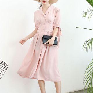 Elbow-sleeve Single-breasted Midi Dress