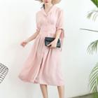 Elbow-sleeve Single-breasted Midi Dress