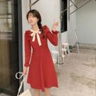 Bell-sleeve Ribbon Knit A-line Dress