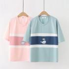 V-neck Color Block Whale Embroidered T-shirt