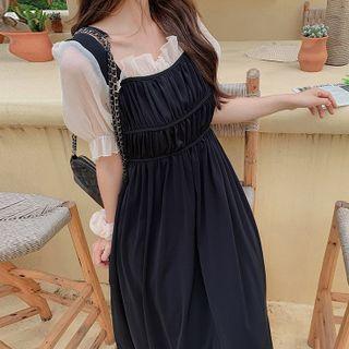 Puff-sleeve Mesh Ruffle Midi A-line Dress