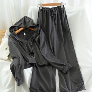 Set: Cropped Camisole Top + Zip-up Hoodie + Wide-leg Sweatpants
