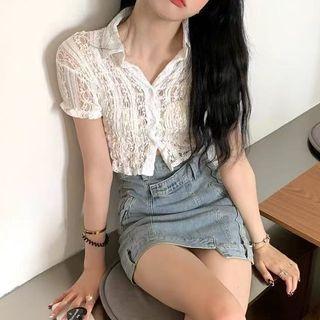Short-sleeve Crop Top / Denim Mini Pencil Skirt