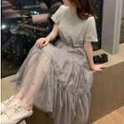 Short-sleeve Sequin Mesh Overlay T-shirt Dress