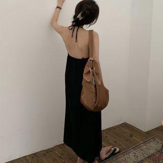 Halter-neck Open-back Side-slit Maxi Dress Black - One Size