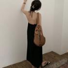 Halter-neck Open-back Side-slit Maxi Dress Black - One Size