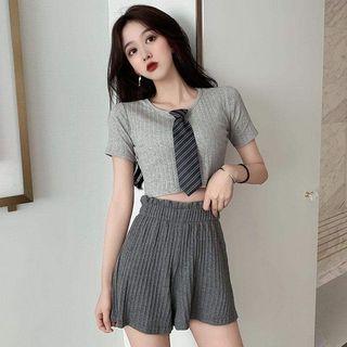 Short-sleeve Tie Neck Knit Top + Ribbed Shorts