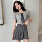 Short-sleeve Tie Neck Knit Top + Ribbed Shorts