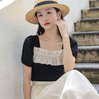 Square-neck Two Tone Ruffle Blouse