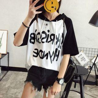 Hooded Elbow-sleeve Lettering T-shirt