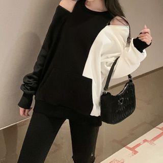 Cold Shoulder Color Block Pullover Black & White - One Size