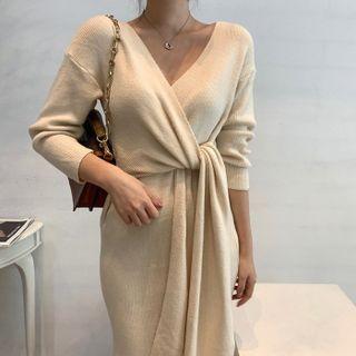 V-neck Wrap Midi Sweater Dress