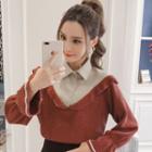 Mock Two-piece Long-sleeve Frill-trim Knit Top