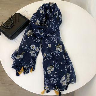 Tassel Print Scarf Navy Blue - One Size