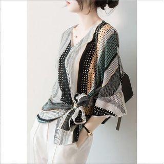 3/4-sleeve V-neck Color Block Blouse