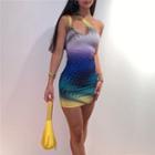 Set: One-shoulder Patterned Mini Sheath Dress + Arm Sleeve