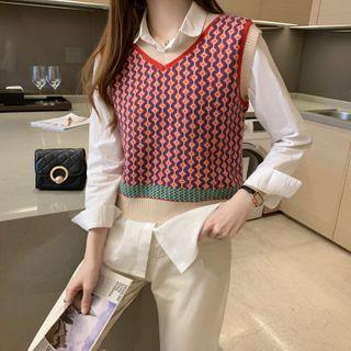 Contrast Color Patterned Knit Vest Strawberry Red - One Size