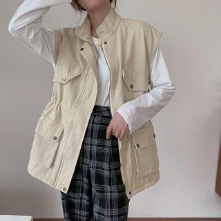 Drawstring-waist Flap-pocket Zip Vest
