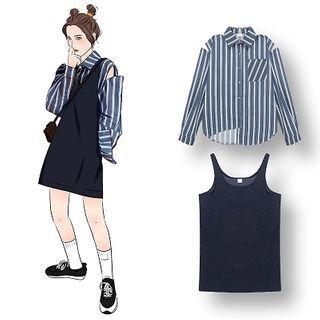 Striped Cut-out Shirt / Denim Pinafore Dress