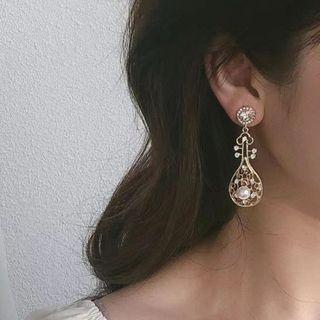 Rhinestone Faux Pearl Drop Earring 1 Pair - Gold & White - One Size