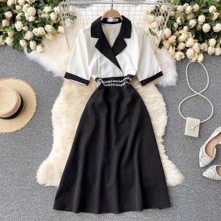 V-neck Short-sleeve Color Block Dress