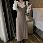 Bell-sleeve Collared Blouse / Midi A-line Overall Dress