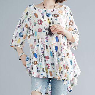 Elbow-sleeve Dessert Print Blouse