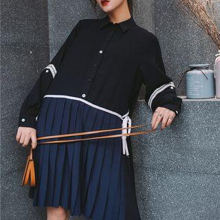 Long-sleeve Pleated Paneled Shirt Dress