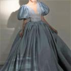 Puff-sleeve V-neck Ball Evening Gown