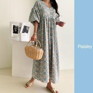 Balloon-sleeve Long Empire Dress