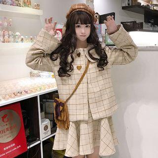 Heart Embroidered Check Buttoned Jacket / Sleeveless Mini Dress