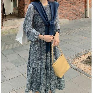 Plain Knit Shawl / Puff-sleeve Floral Chiffon Midi Dress