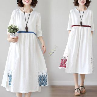 Linen 3/4-sleeve A-line Midi Dress