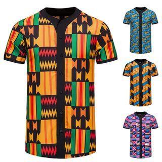 Short-sleeve Collarless Print Shirt