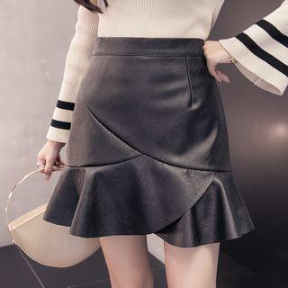 Faux-leather A-line Ruffled Skirt