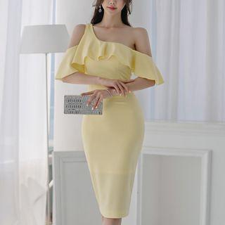 One Shoulder Ruffle Trim Sheath Dress