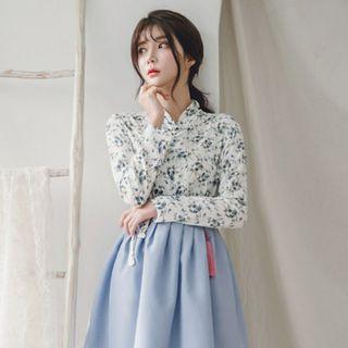 Set: Hanbok Top (floral / Blue) + Skirt (midi / Sky Blue)